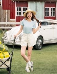 Áo thun gân ngắn tay cổ tròn nữ dáng ngắn