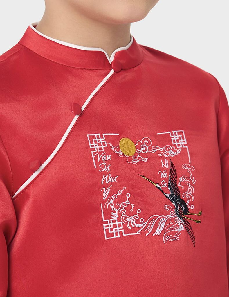 Áo dài bé trai hình in trước ngực