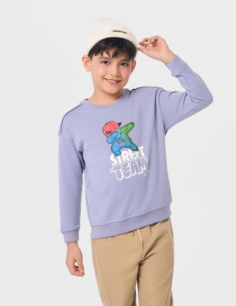 Áo nỉ cổ tròn bé trai hình in trước ngực