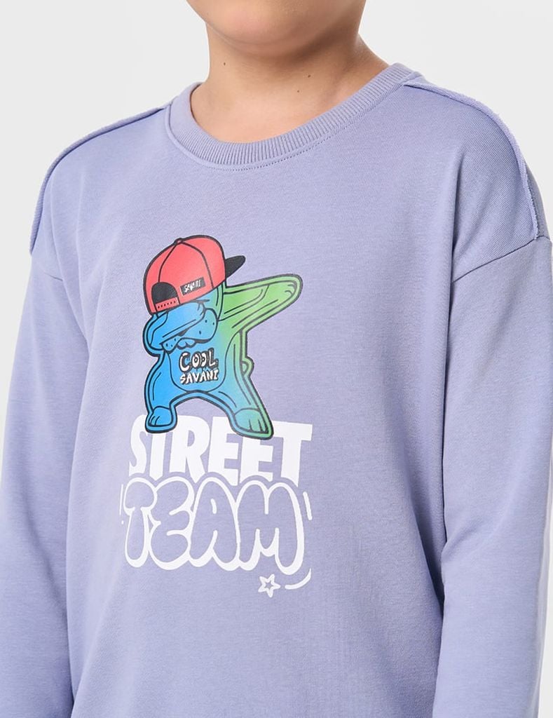 Áo nỉ cổ tròn bé trai hình in trước ngực