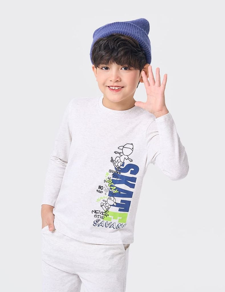 Bộ đồ cotton bé trai hình in trước ngực