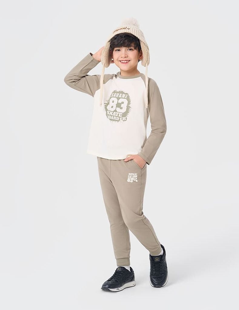 Bộ đồ cotton bé trai dài tay hình in trước ngực