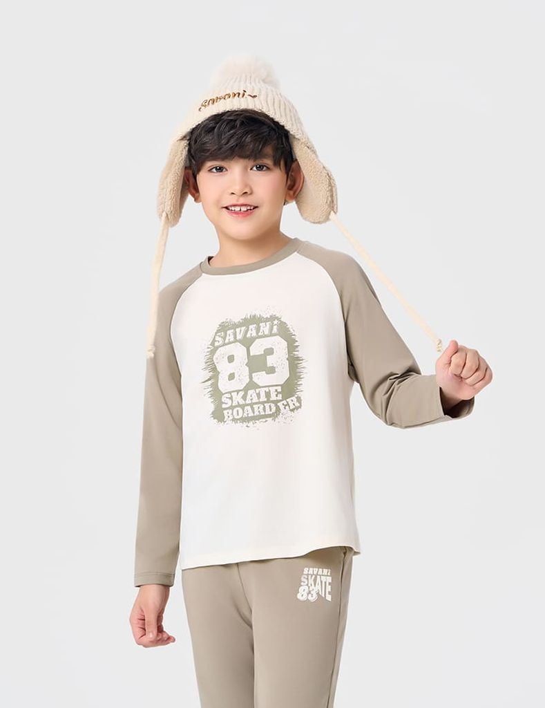 Bộ đồ cotton bé trai dài tay hình in trước ngực