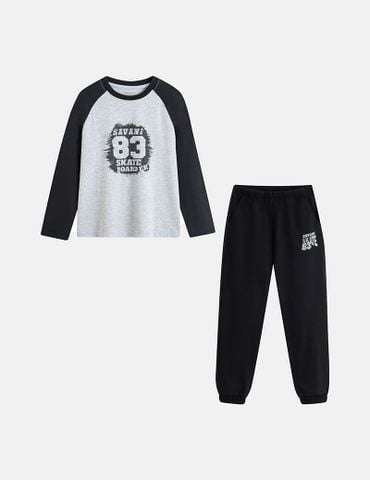 Bộ đồ cotton bé trai dài tay hình in trước ngực