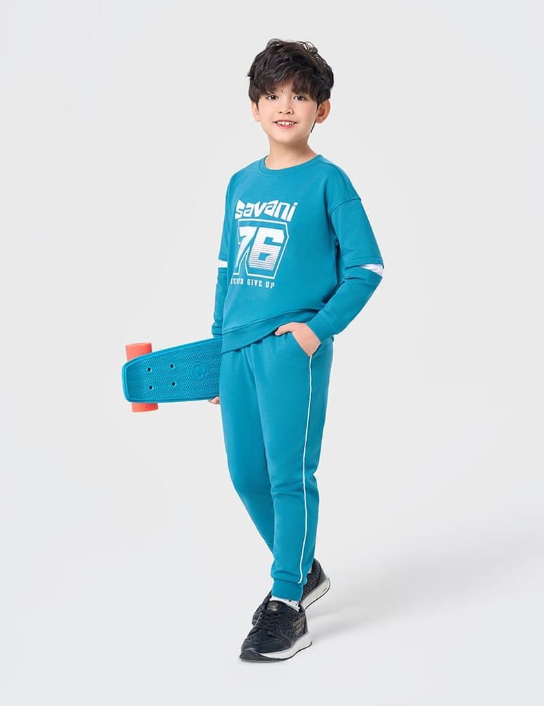 Bộ nỉ cổ tròn bé trai hình in trước ngực