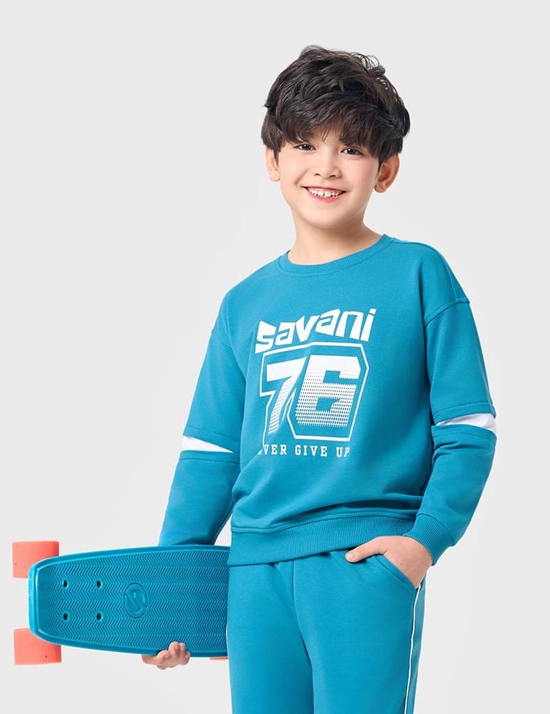 Bộ nỉ cổ tròn bé trai hình in trước ngực