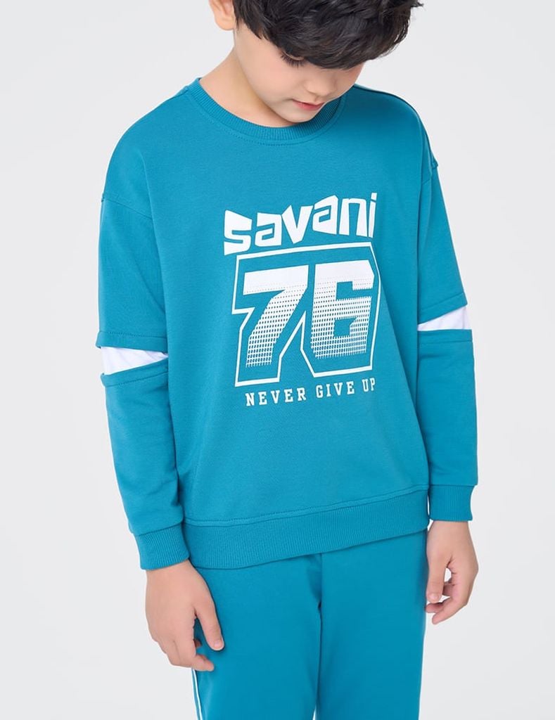 Bộ nỉ cổ tròn bé trai hình in trước ngực