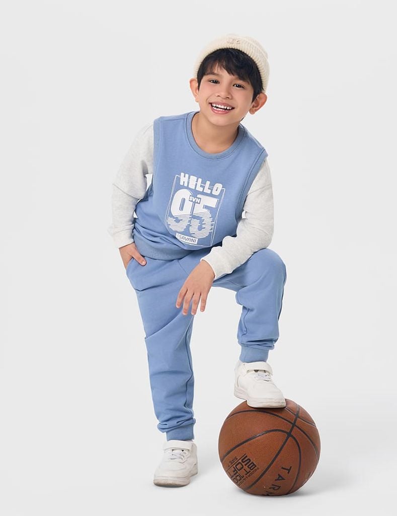 Bộ nỉ bé trai cổ tròn hình in trước ngực