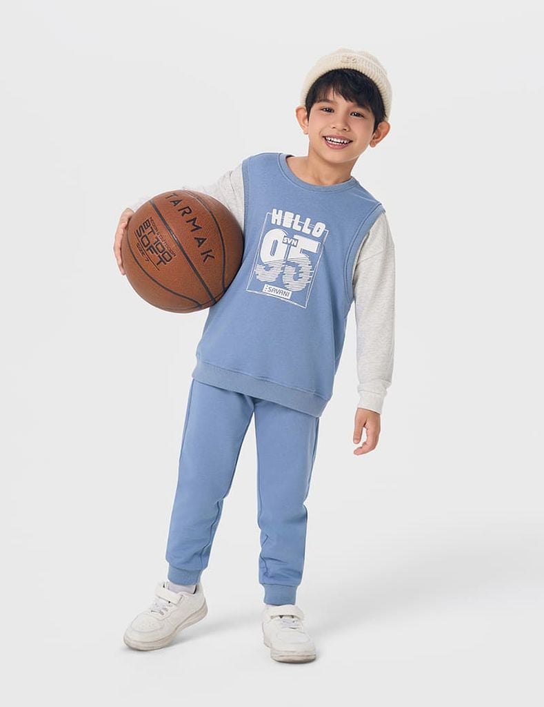 Bộ nỉ bé trai cổ tròn hình in trước ngực