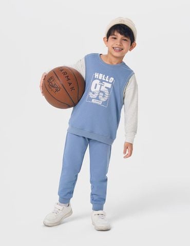 Bộ nỉ bé trai cổ tròn hình in trước ngực