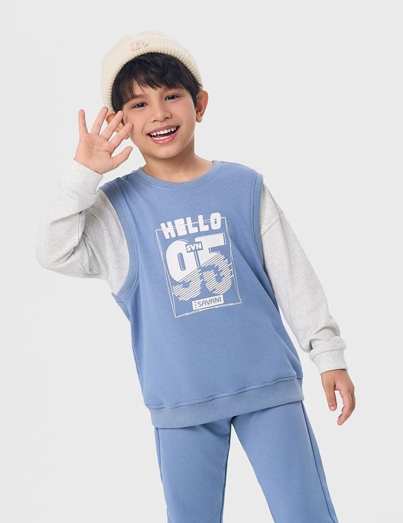 Bộ nỉ bé trai cổ tròn hình in trước ngực