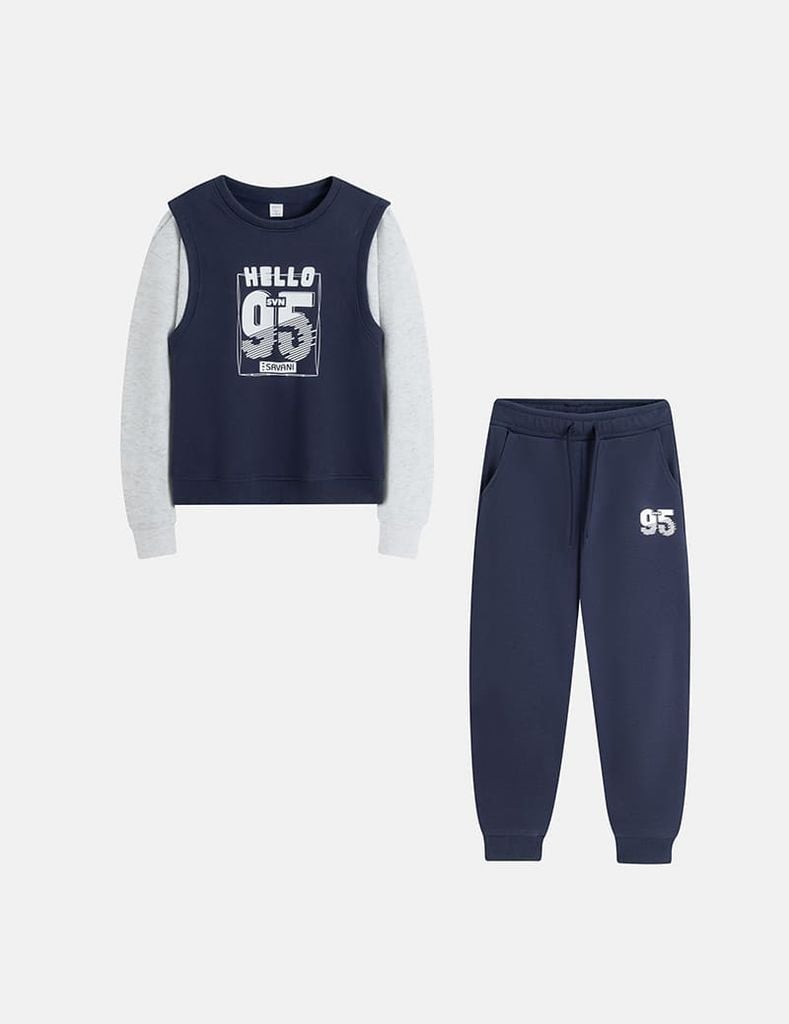 Bộ nỉ bé trai cổ tròn hình in trước ngực