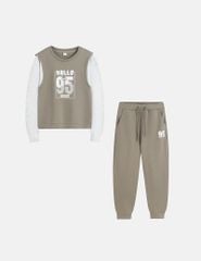 Bộ nỉ bé trai cổ tròn hình in trước ngực