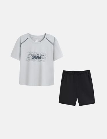 Bộ hè cổ tròn bé trai hình in trước ngực áo