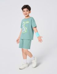 Bộ cotton hè bé trai phối tay hình in trước ngực