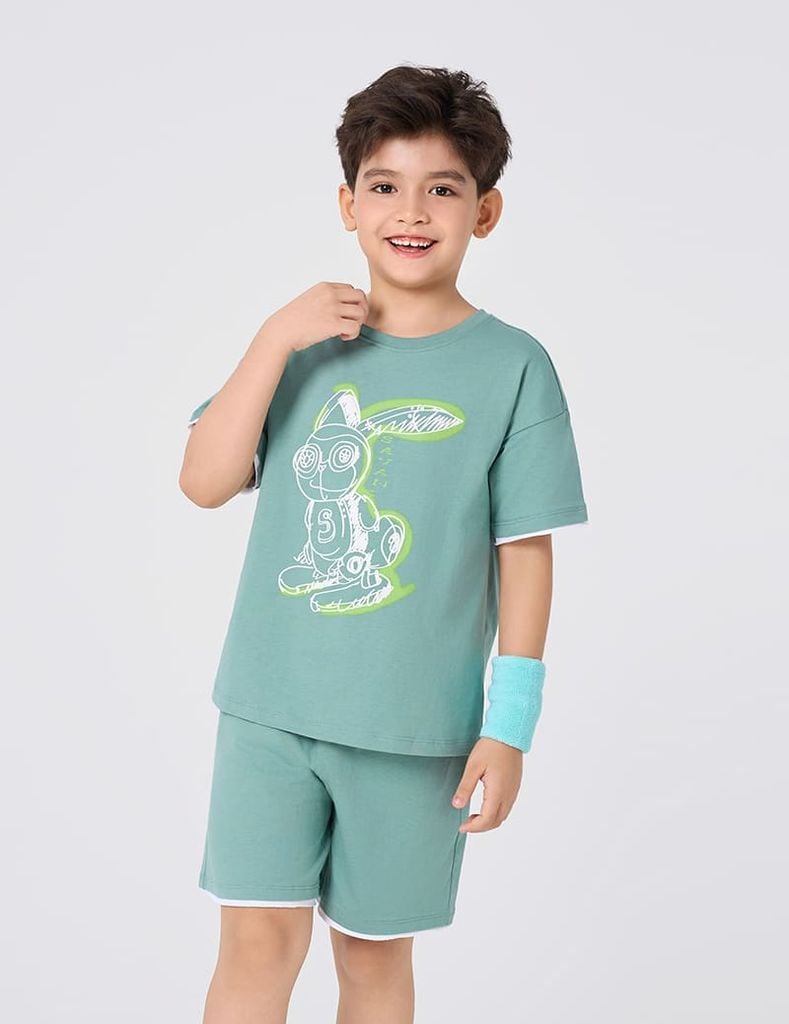 Bộ cotton hè bé trai phối tay hình in trước ngực