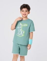 Bộ cotton hè bé trai phối tay hình in trước ngực