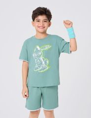 Bộ cotton hè bé trai phối tay hình in trước ngực