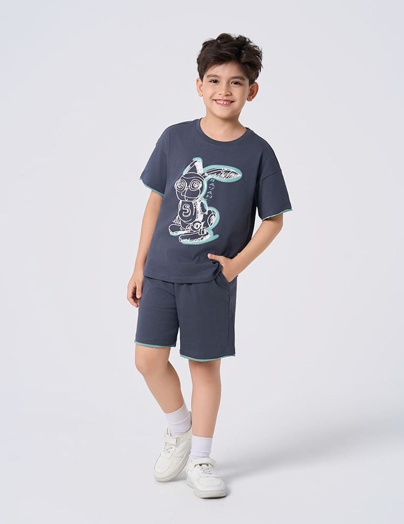 Bộ cotton hè bé trai phối tay hình in trước ngực