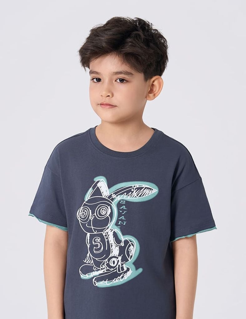 Bộ cotton hè bé trai phối tay hình in trước ngực