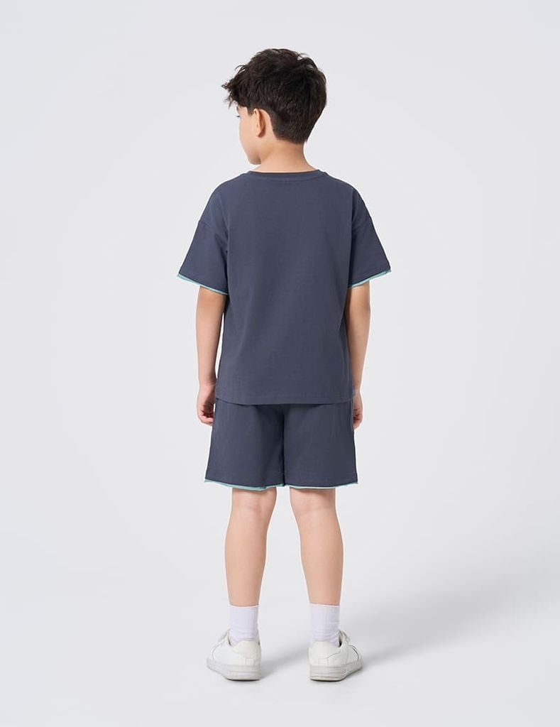 Bộ cotton hè bé trai phối tay hình in trước ngực