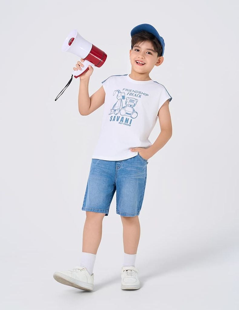Áo ba lỗ bé trai phối vai hình in trước ngực