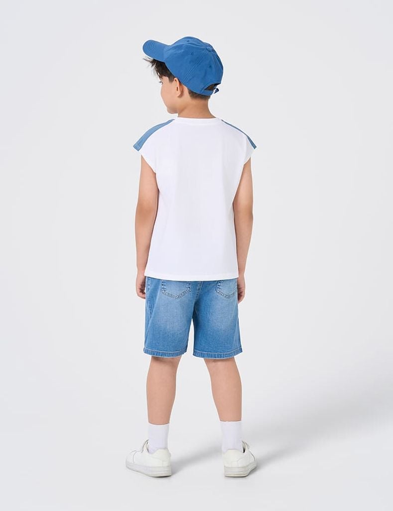 Áo ba lỗ bé trai phối vai hình in trước ngực