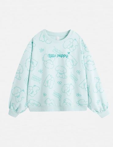 Áo nỉ cổ tròn bé gái hình thêu trước ngực