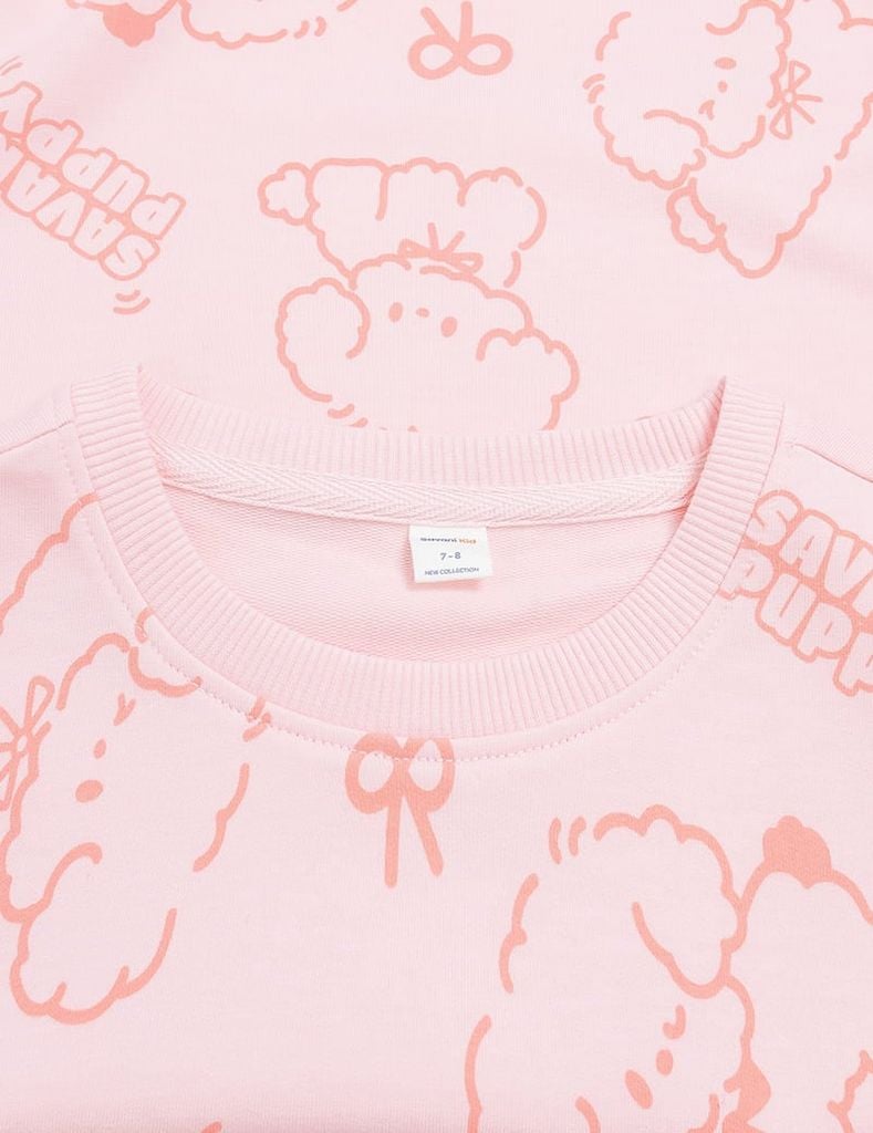 Áo nỉ cổ tròn bé gái hình thêu trước ngực