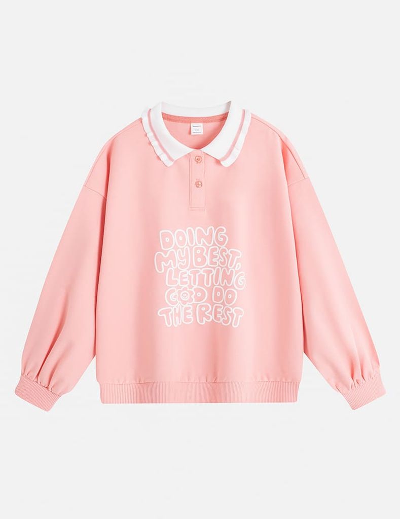 Áo nỉ cổ bẻ bé gái hình in trước ngực