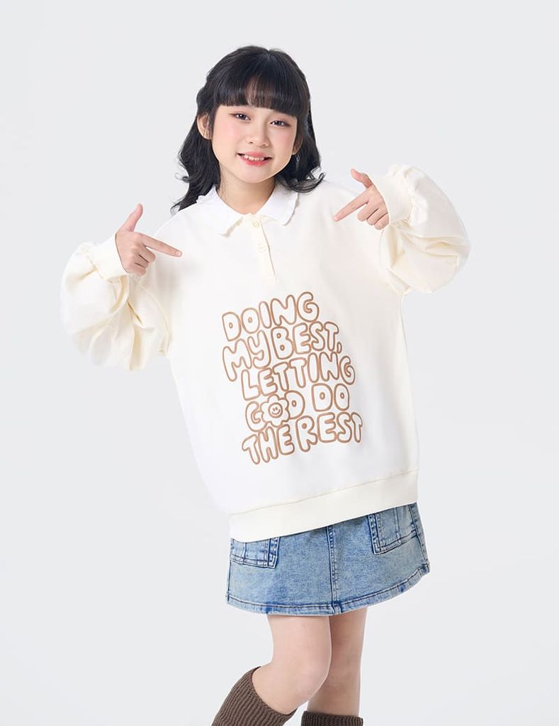 Áo nỉ cổ bẻ bé gái hình in trước ngực