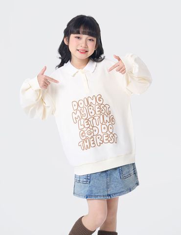 Áo nỉ cổ bẻ bé gái hình in trước ngực