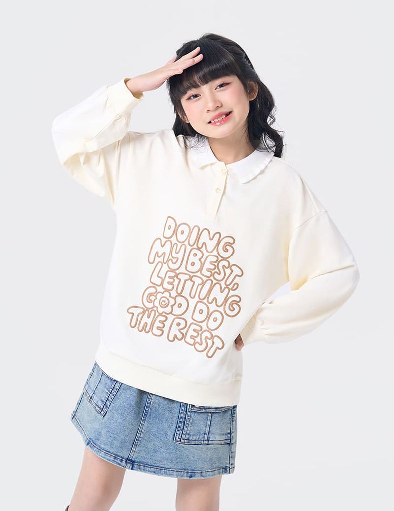 Áo nỉ cổ bẻ bé gái hình in trước ngực