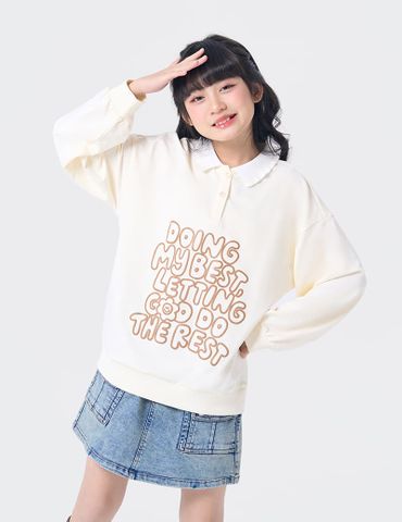 Áo nỉ cổ bẻ bé gái hình in trước ngực