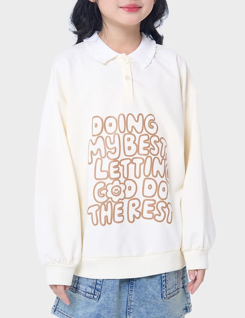 Áo nỉ cổ bẻ bé gái hình in trước ngực