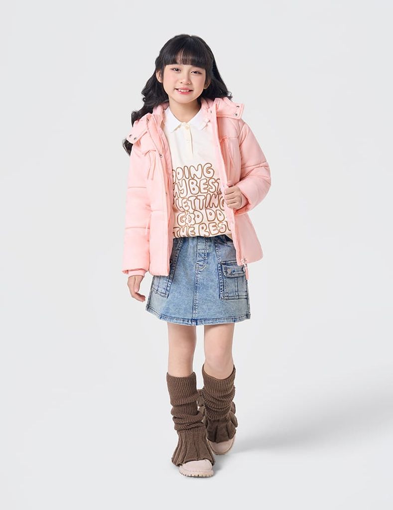 Áo phao chần bông bé gái nơ trang trí thân trước