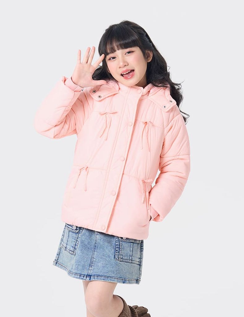 Áo phao chần bông bé gái nơ trang trí thân trước