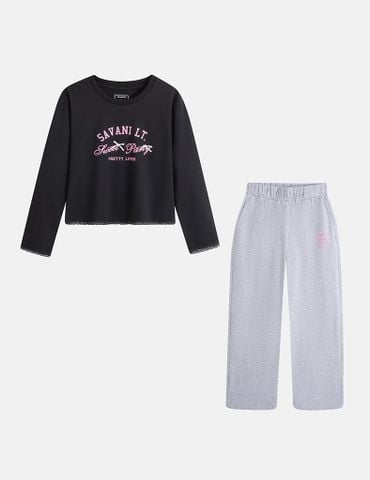 Bộ đồ cotton bé gái hình in trước ngực