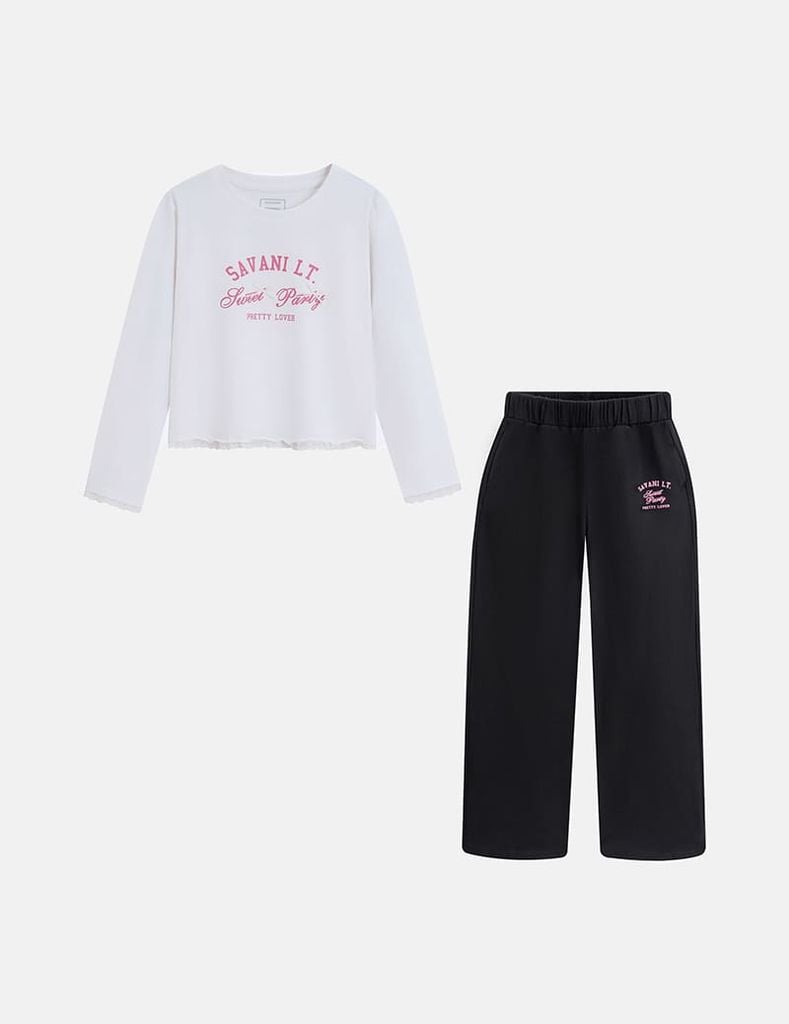 Bộ đồ cotton bé gái hình in trước ngực