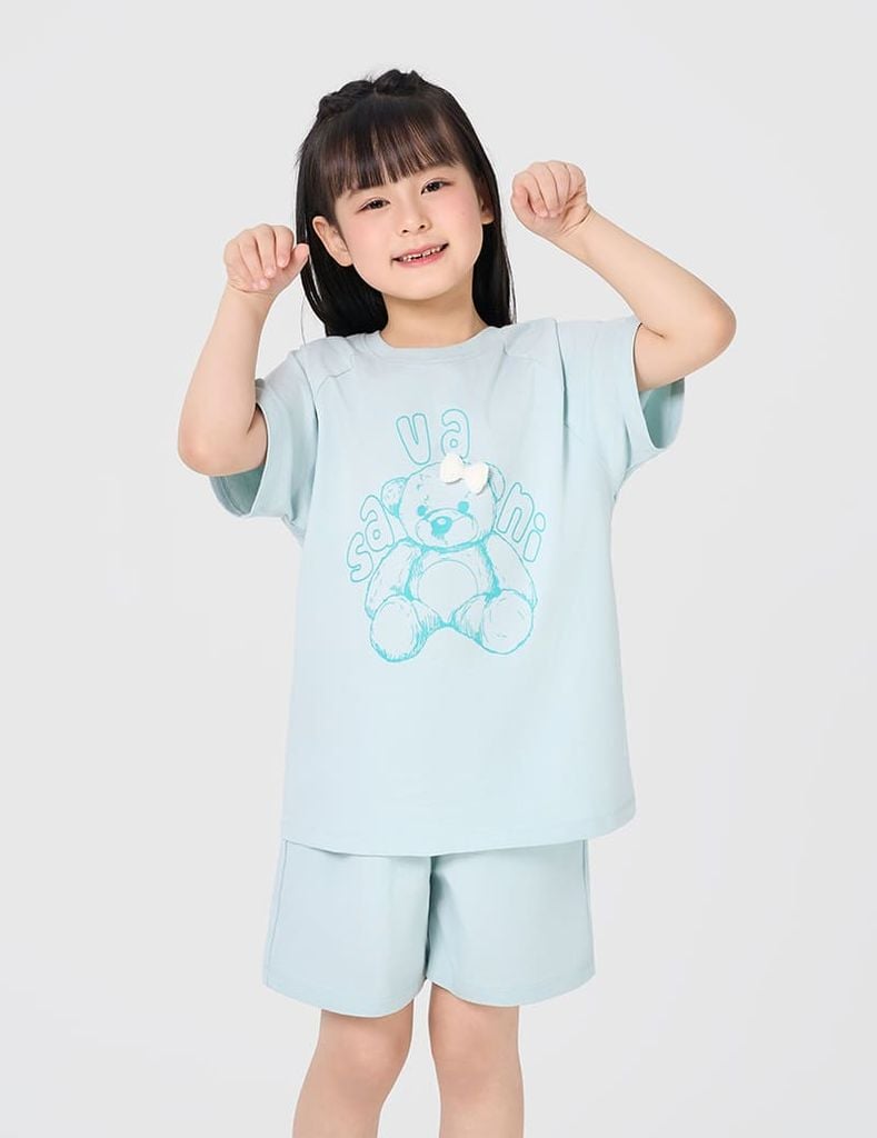 Bộ hè cotton bé gái gắn nơ trang trí