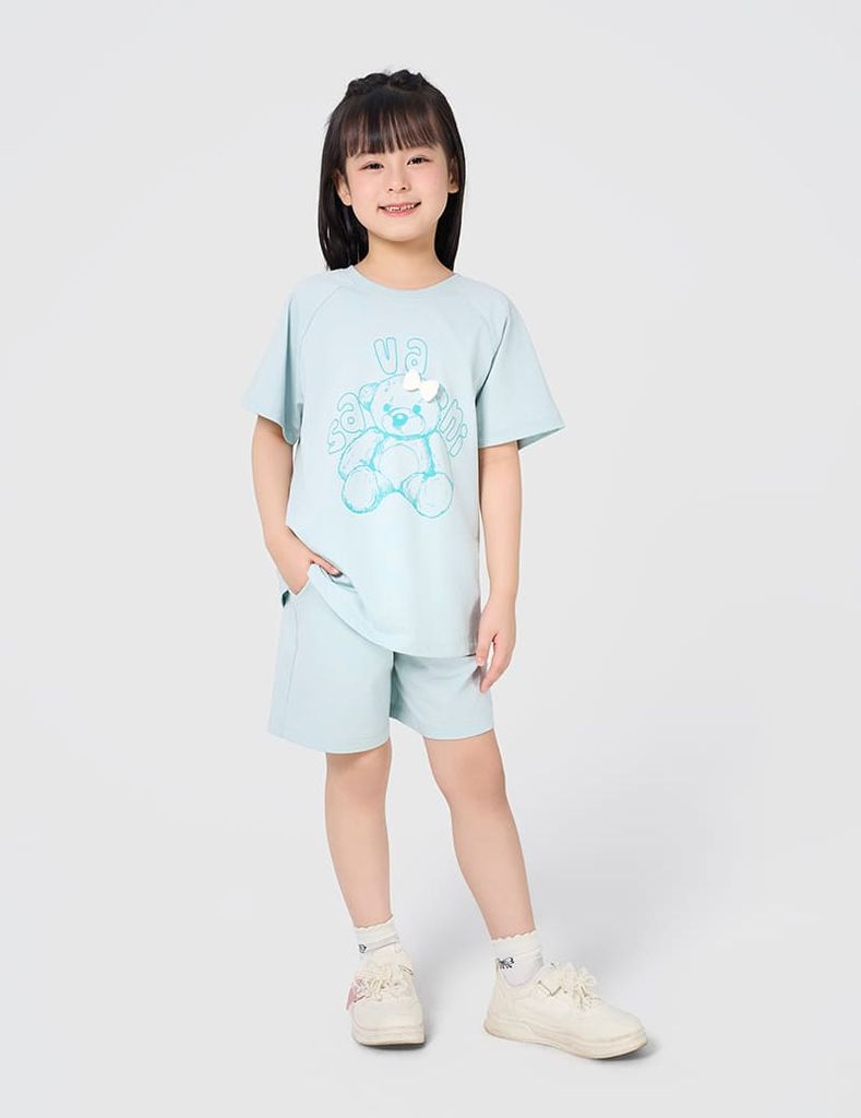 Bộ hè cotton bé gái gắn nơ trang trí