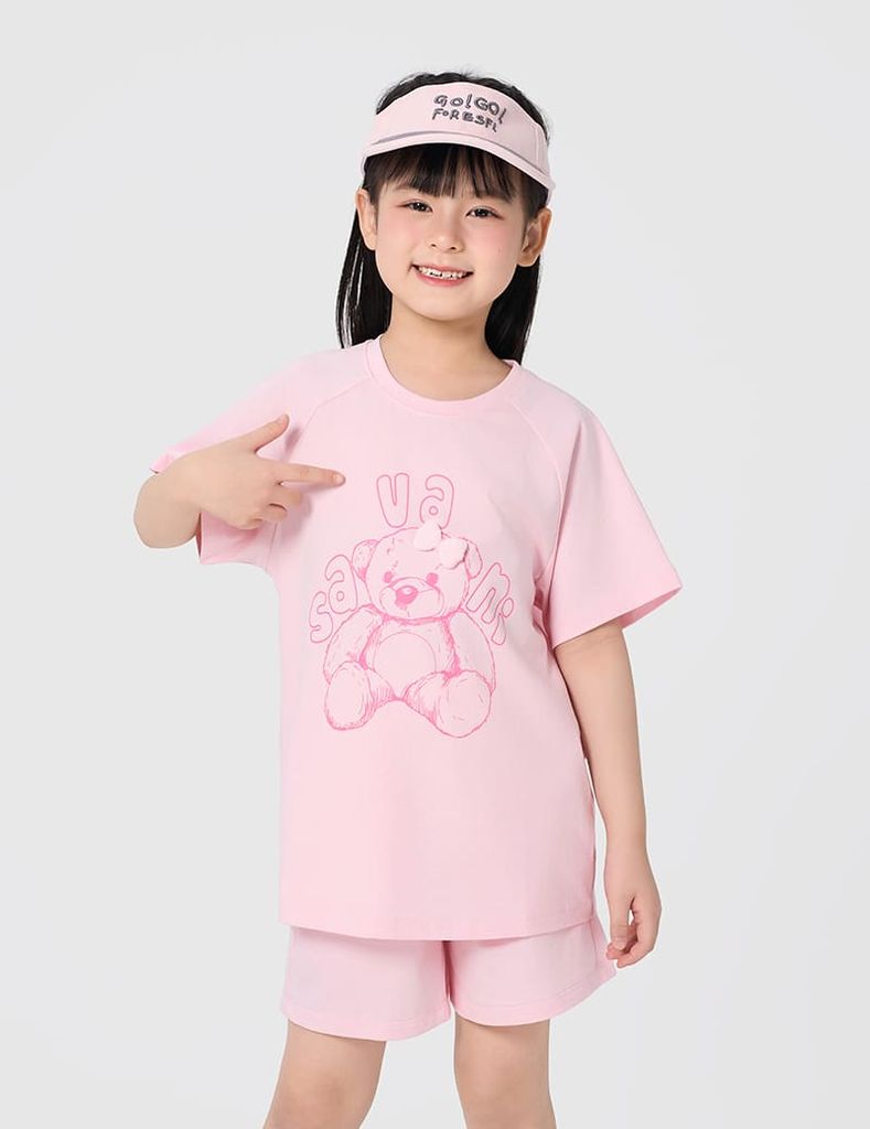 Bộ hè cotton bé gái gắn nơ trang trí