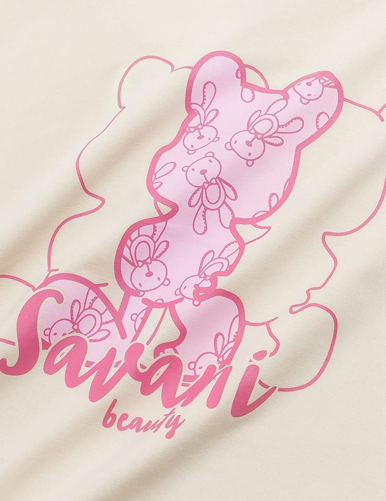 Bộ hè bé gái cổ tròn hình in trước ngực