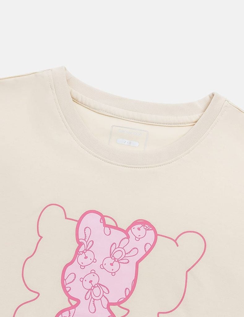 Bộ hè bé gái cổ tròn hình in trước ngực