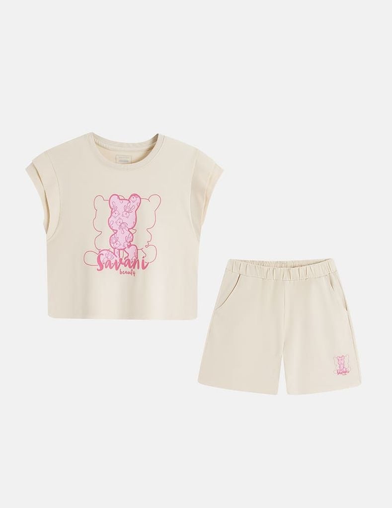 Bộ hè bé gái cổ tròn hình in trước ngực