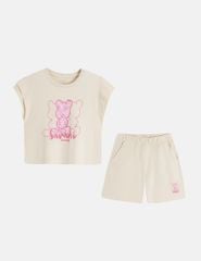 Bộ hè bé gái cổ tròn hình in trước ngực