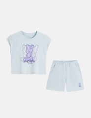 Bộ hè bé gái cổ tròn hình in trước ngực