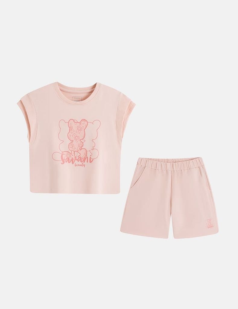 Bộ hè bé gái cổ tròn hình in trước ngực