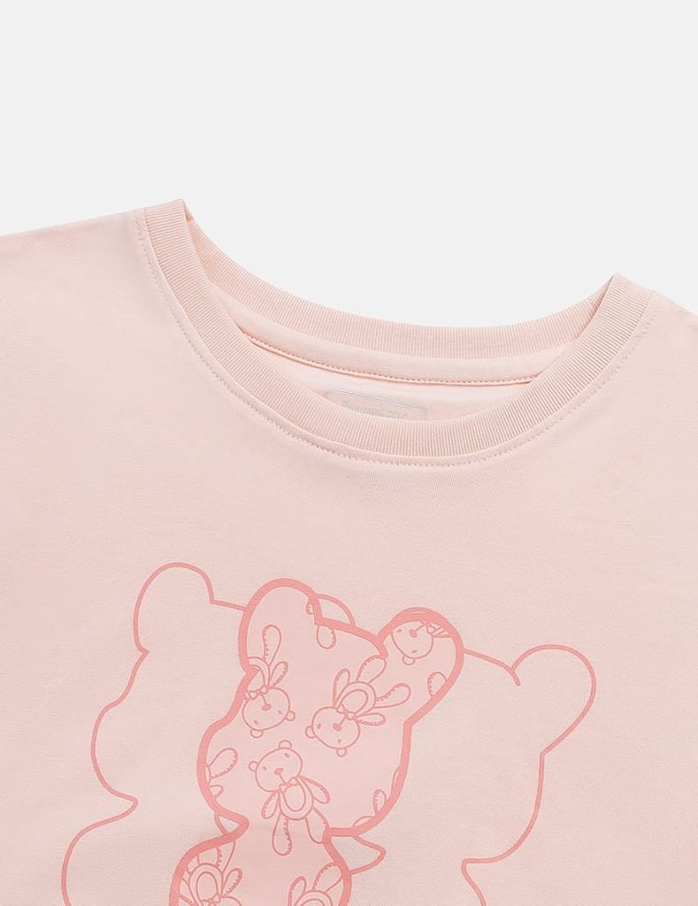 Bộ hè bé gái cổ tròn hình in trước ngực