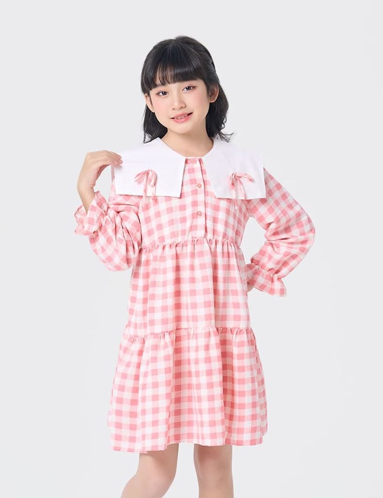 Váy liền dáng A bé gái cổ kiểu cách điệu